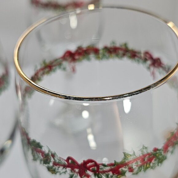 4 Libbey Ribbon Holly Goblets 7.5" water wine gold rim festive holiday Christmas - Picture 13 of 14